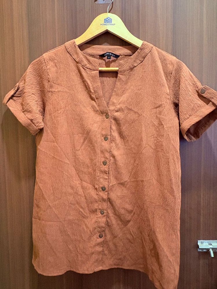 Chemistry Stylish Brown V-Neck Button-Up Top