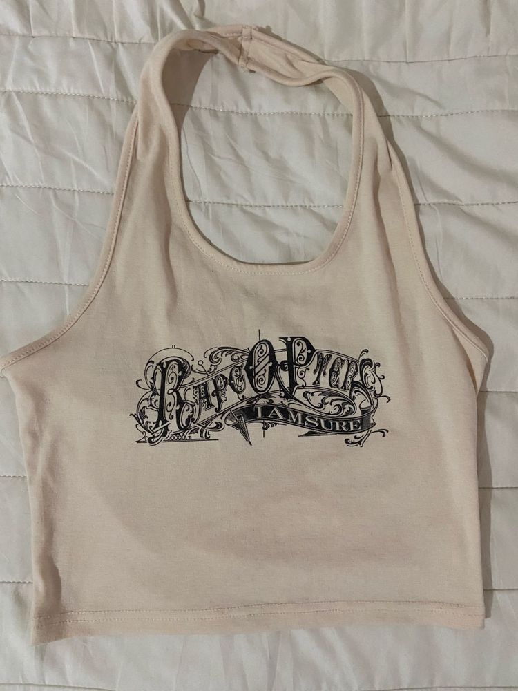 Y2K Cream Graphic Print Halter Top