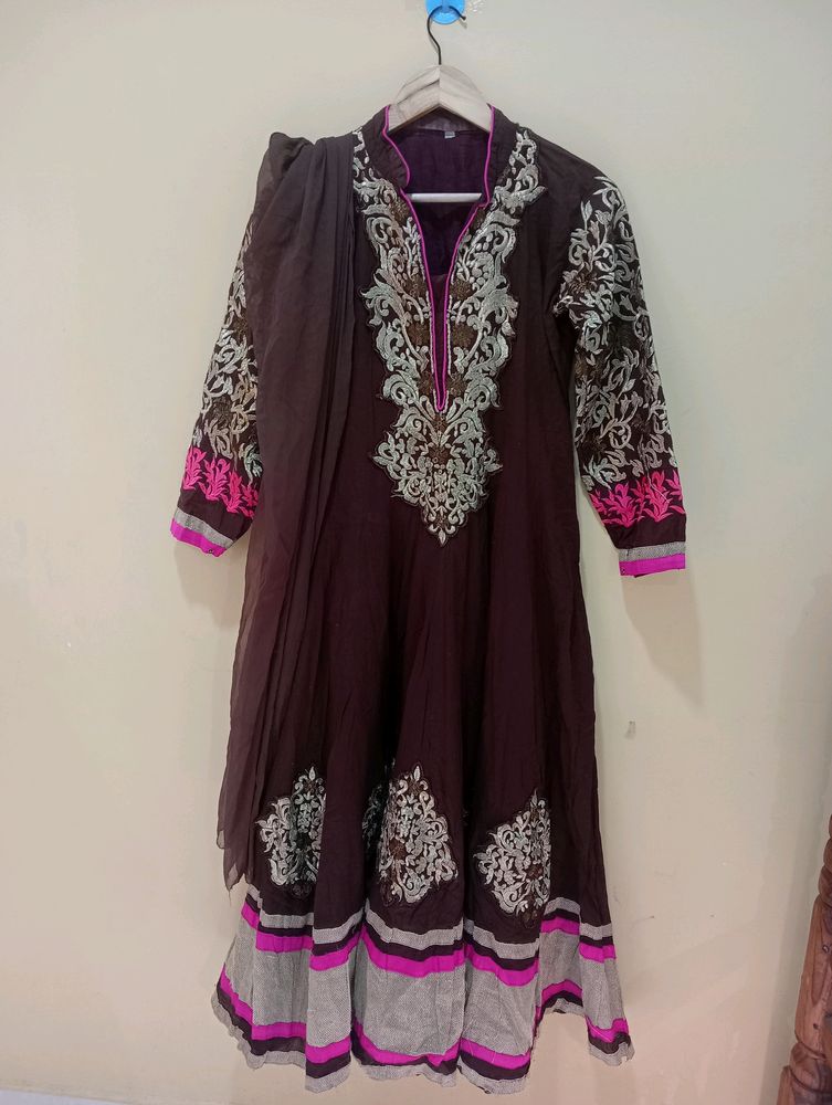 Embroidery Coffee BrownGown With Dupatta