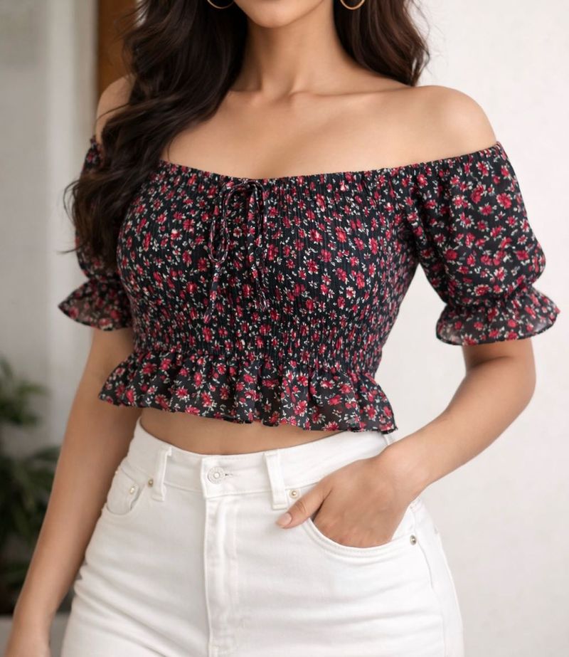 Off-Shoulder Smocked Peplum Top. size