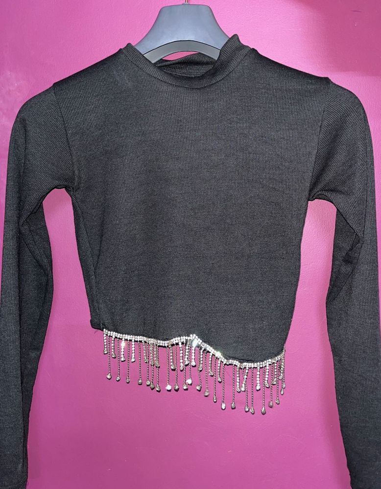 Sparkling Rhinestone Fringe black Crop Top