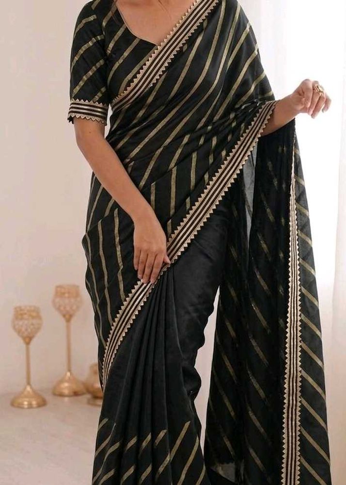 Elegant Black &amp; Gold Striped Saree