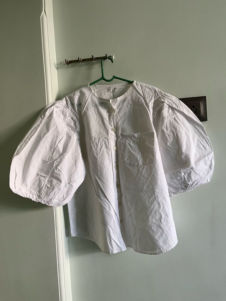 White Puff Sleeve Button-Up Top