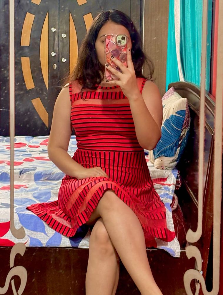 Cute Red Striped Stretchable Fit &amp; Flare Dress
