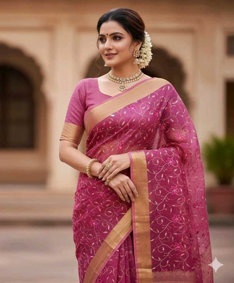 🆕NEW Pink Floral Beautiful Saree With Blouse
