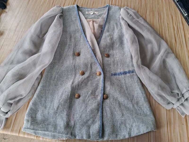 Chic Double-Breasted Blazer with Sheer Sleeves