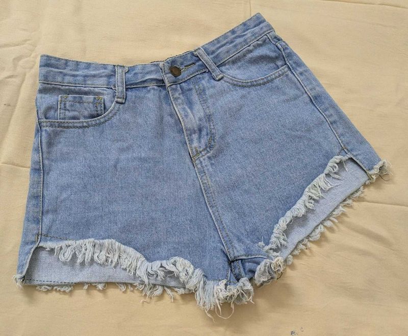 Light Wash Frayed Denim Shorts