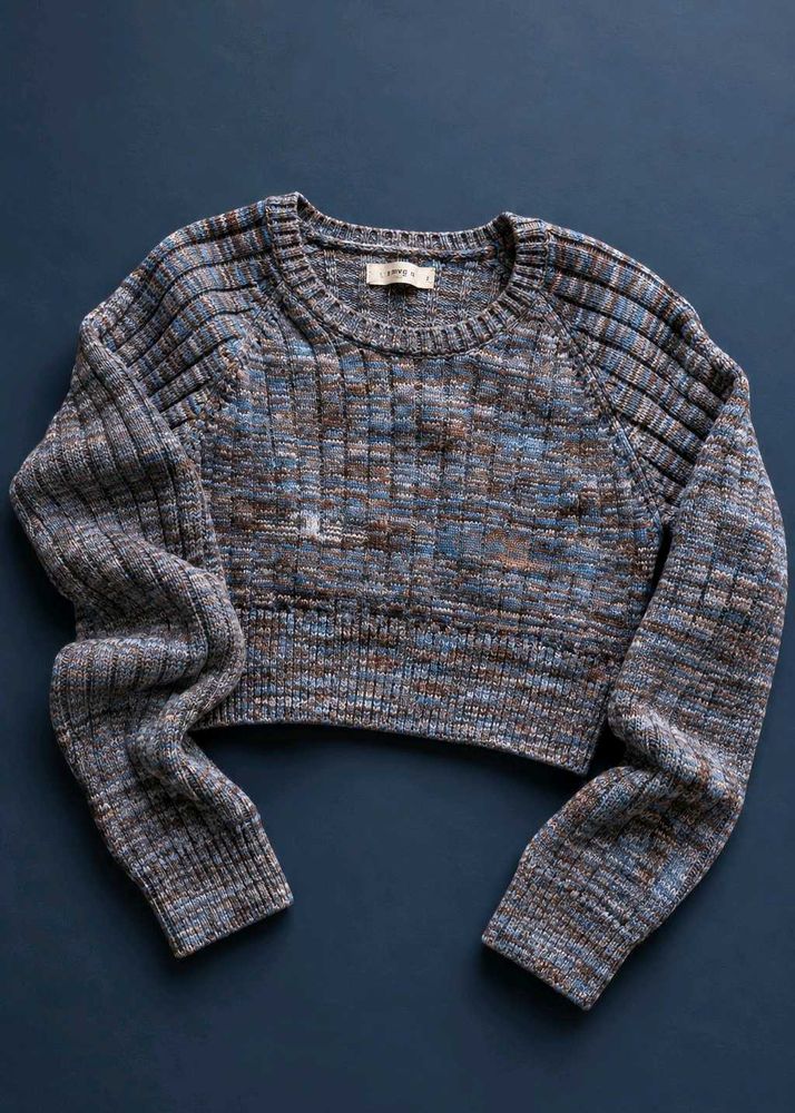 BLUE &amp; BROWN MARLED CROPPED KNIT SWEATER