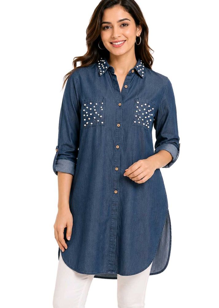 Pearl Embellished Denim Tunic Shirt
