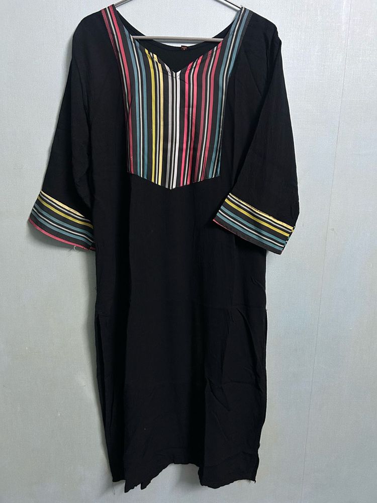 Black Kurti with Multicolour Striped Yoke
