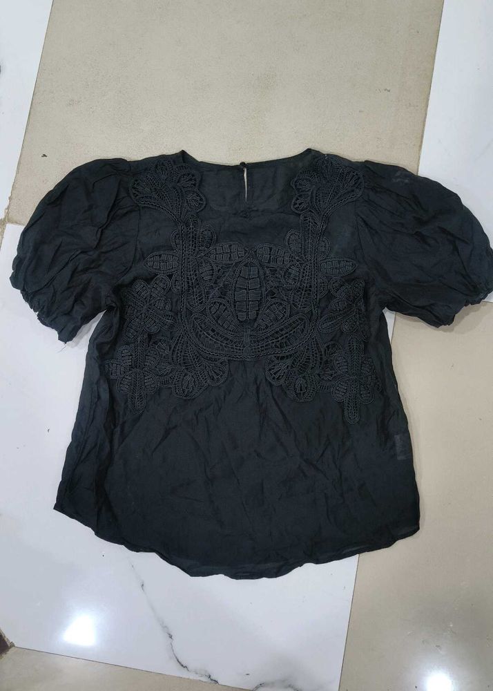 Black Lace Detail Puff Sleeve Top