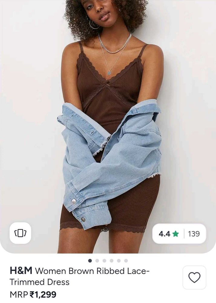 Brown Ribbed Lace Trimmed Mini Dress