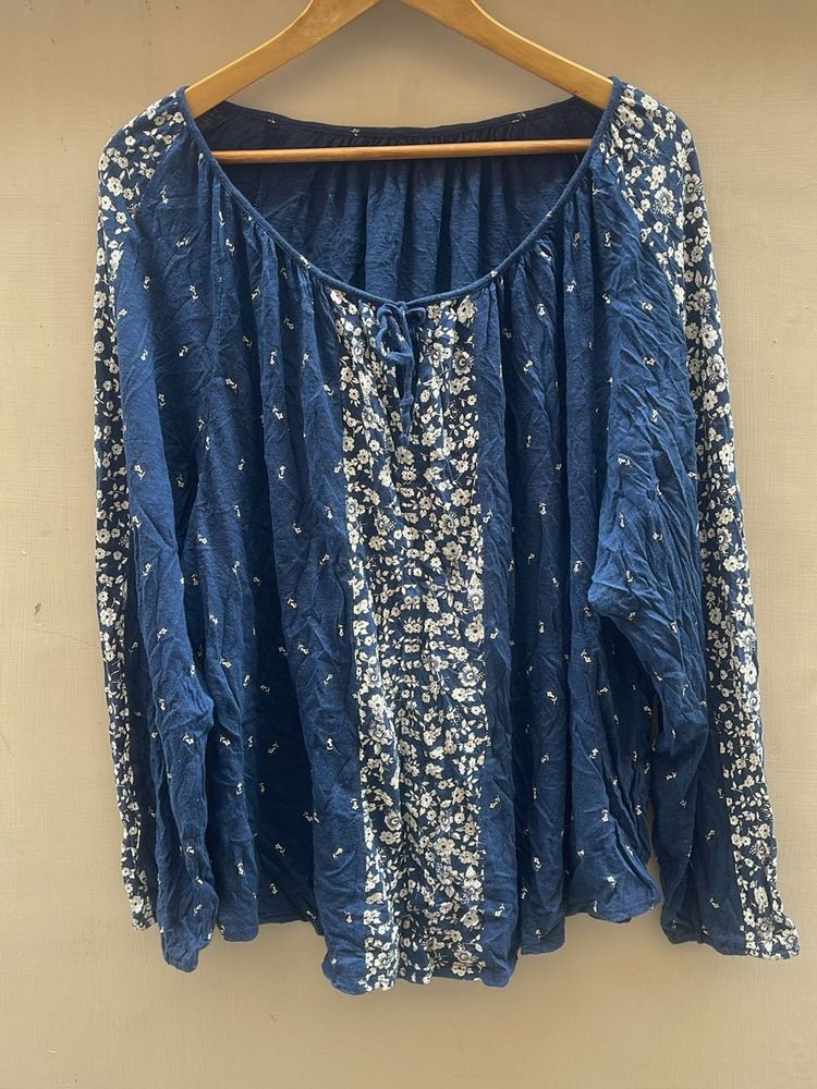 Blue Floral Print Tie-Neck Top
