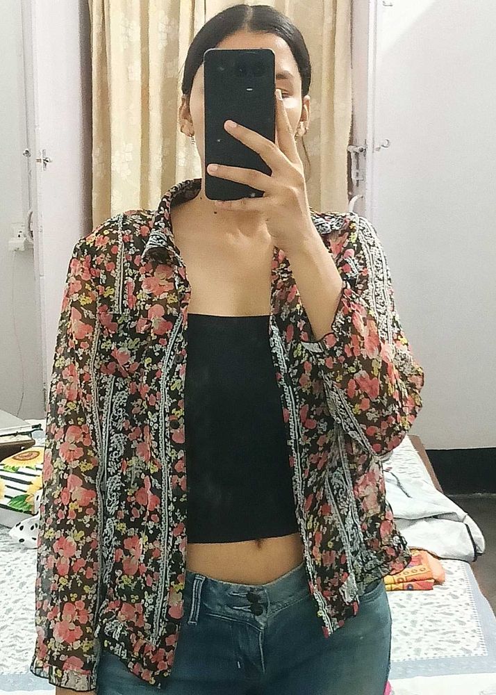 Floral Print Sheer Button-Up Top