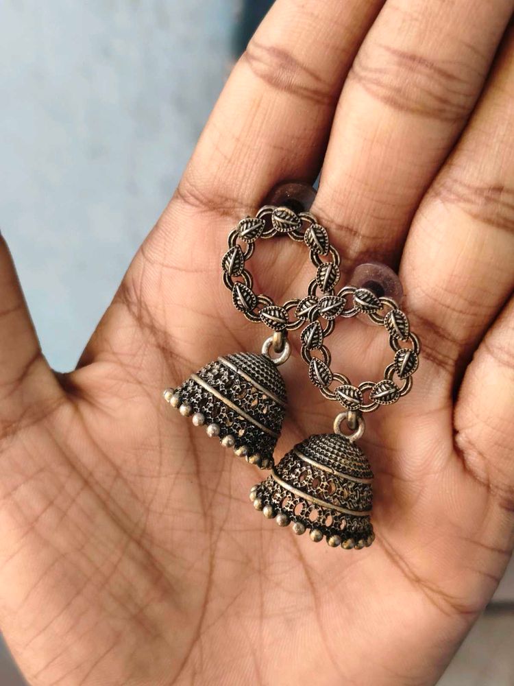 Oxidized Silver Jhumka Earrings