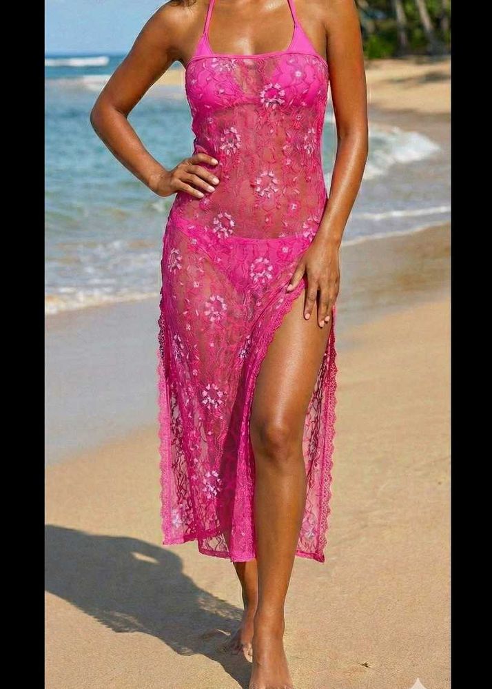 High slit mesh beach coverup