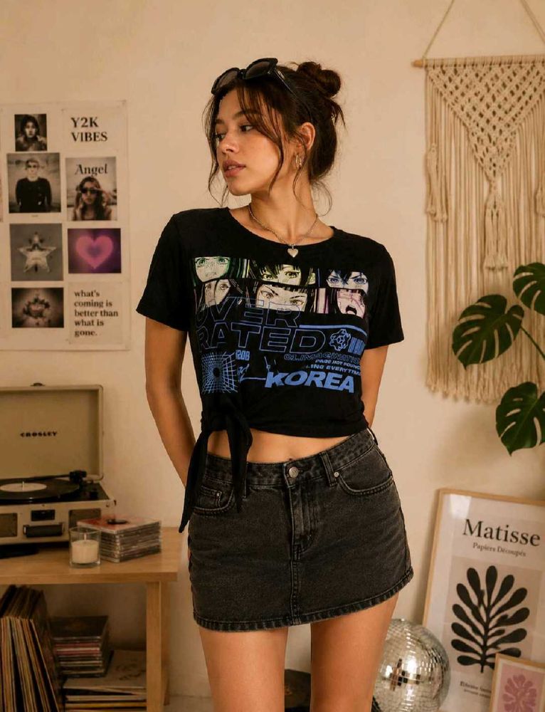 Y2K Oversized Graphic Tie-Front Top