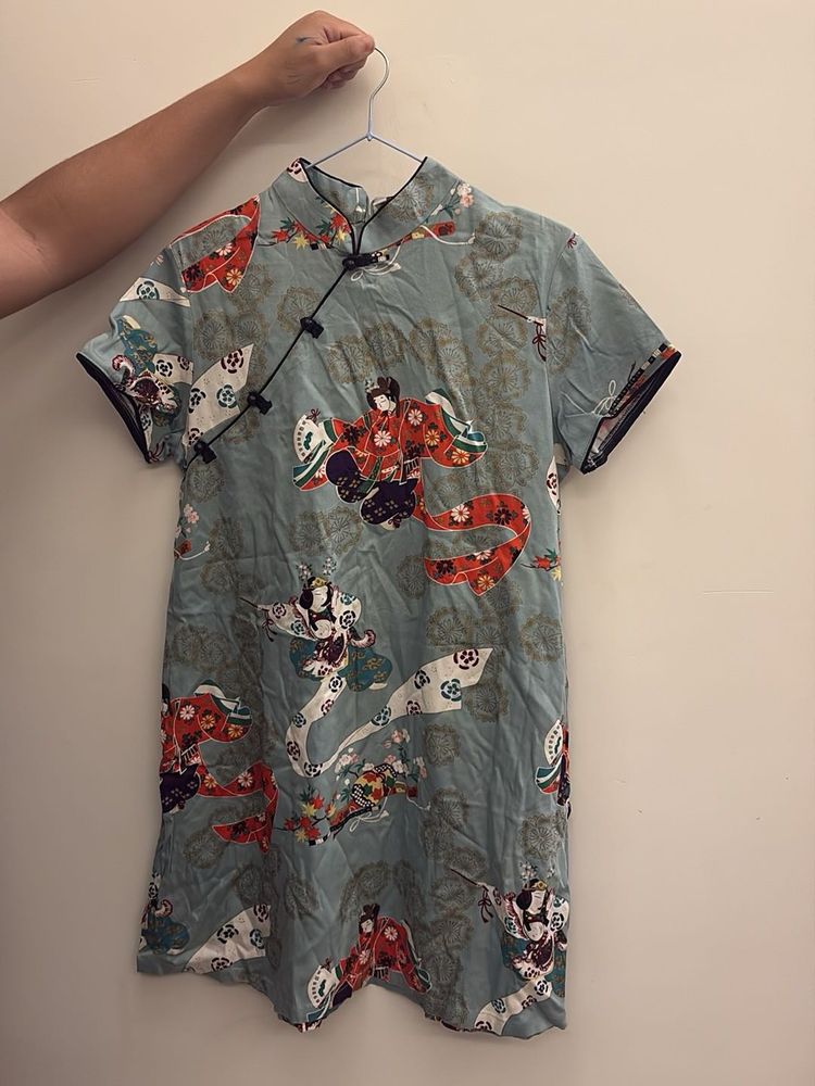 Elegant Japanese Print Cheongsam Dress