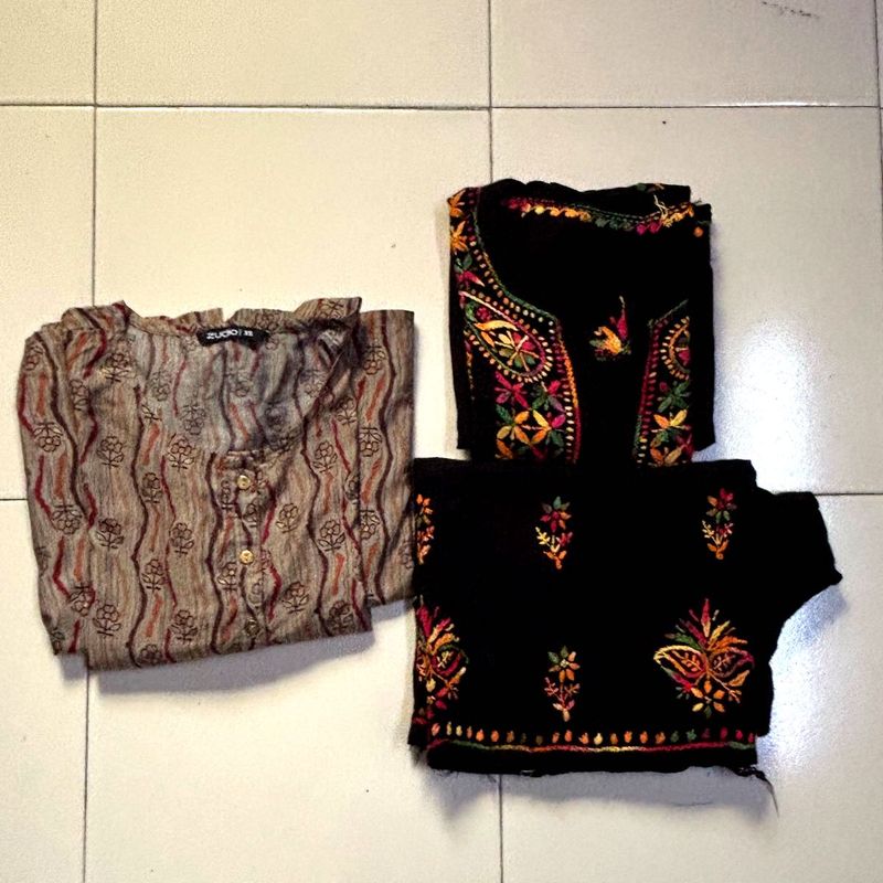 Embroidered Black Kurta &amp; Printed Kurt