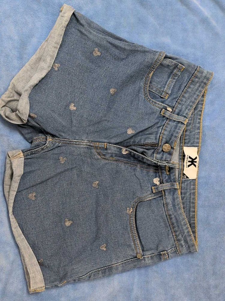 Cute Denim Shorts with Mickey Mouse Print