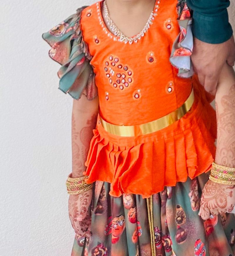Girls Orange &amp; Green Lantern Print Skirt Set