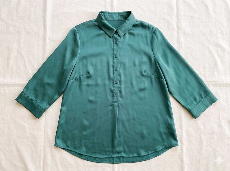 Elegant Teal Satin Button-Up Shirt