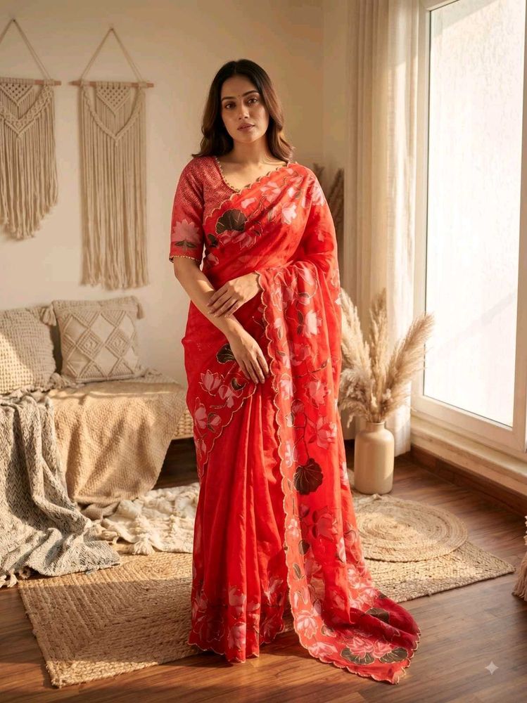 Vibrant Red Floral Saree