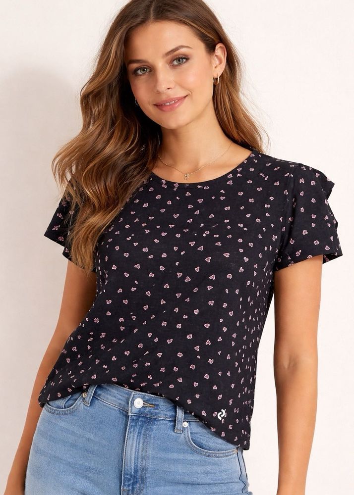 Chic Black Floral Print Top with Ruffle Sleeves