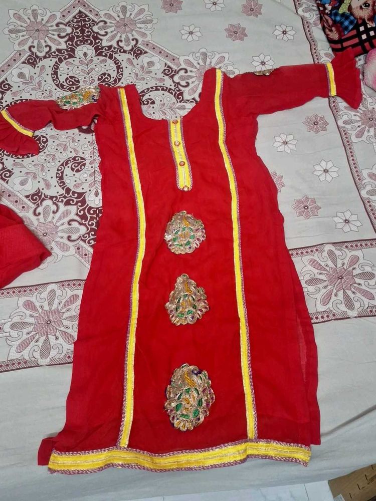 Red Kurta with Yellow Embellishments