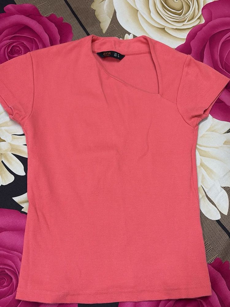 Coral Ribbed Asymmetrical Neck Top