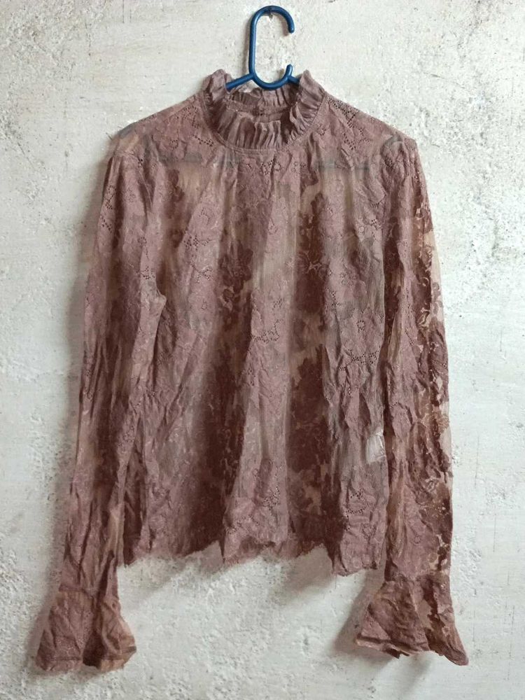 Partywear Lace Mock Neck Top Sheer