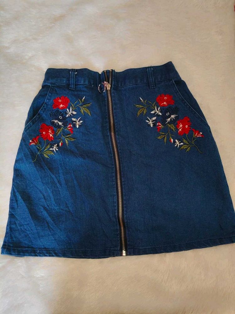 Floral Embroidered Denim Skirt