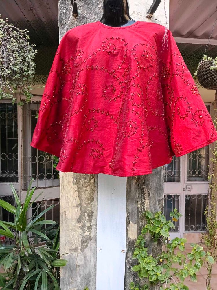 Elegant Red Embroidered Silk Cape