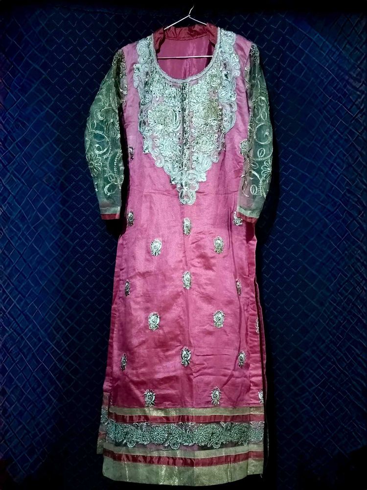 Embroidered Long Kurta &amp; Churidar Set For Women