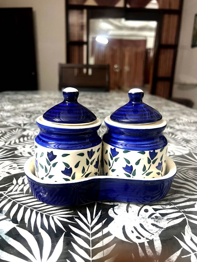 Set of 2 Blue Floral Ceramic Jars with Tray