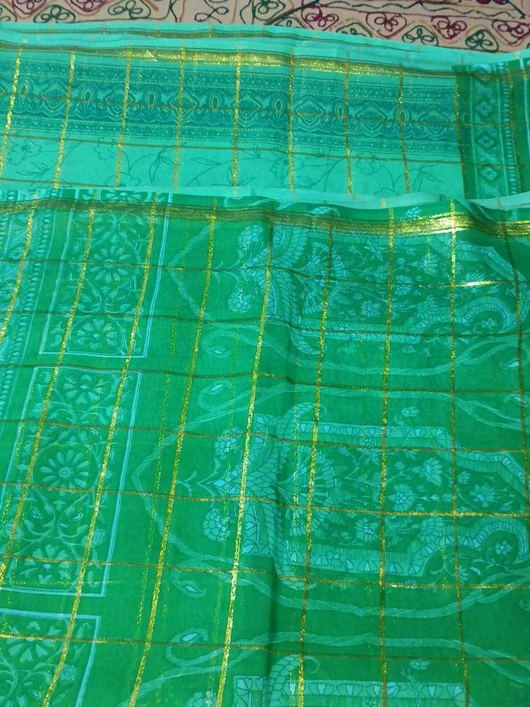 Elegant Green Printed Saree with Golden Check Desi