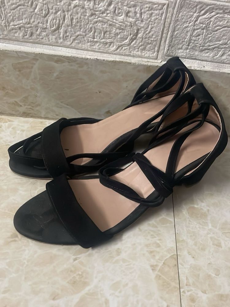 Black Lace-Up Flat Sandals