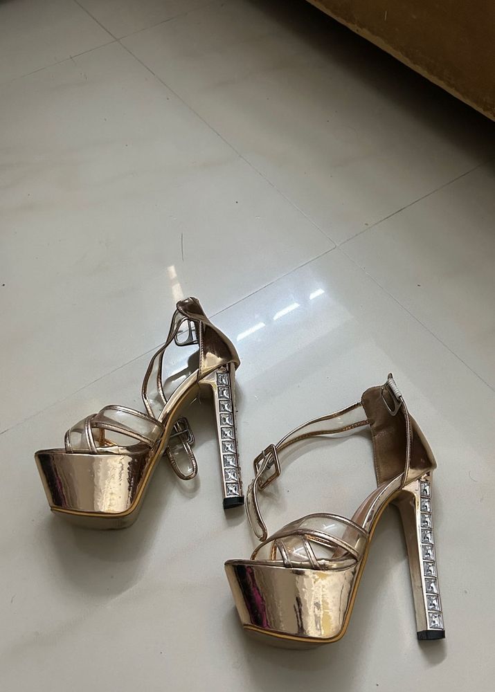 6 inches Metallic  Heels with Rhinestone A