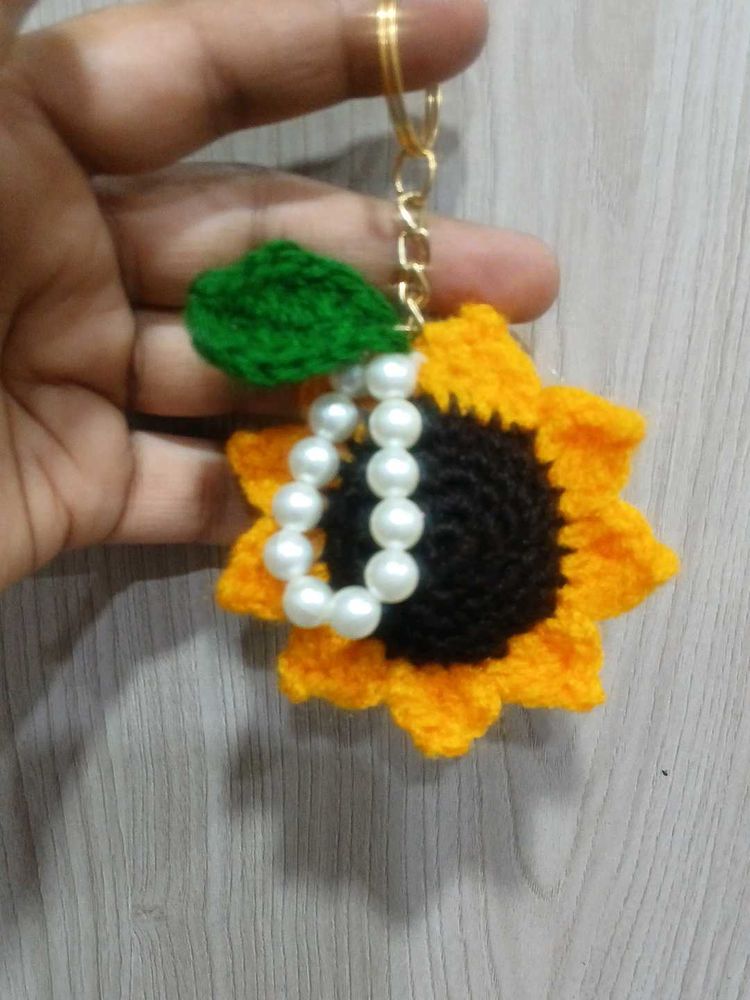 Sunflower Crochet Keychain with Pearls