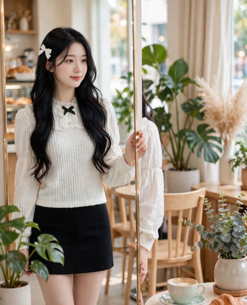 korean Pintresty Cream Textured Puff Sleeve Top
