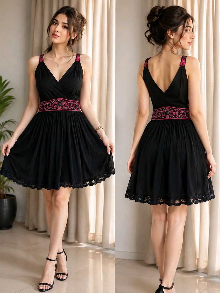 Black Mini Dress with Pink Embellishments