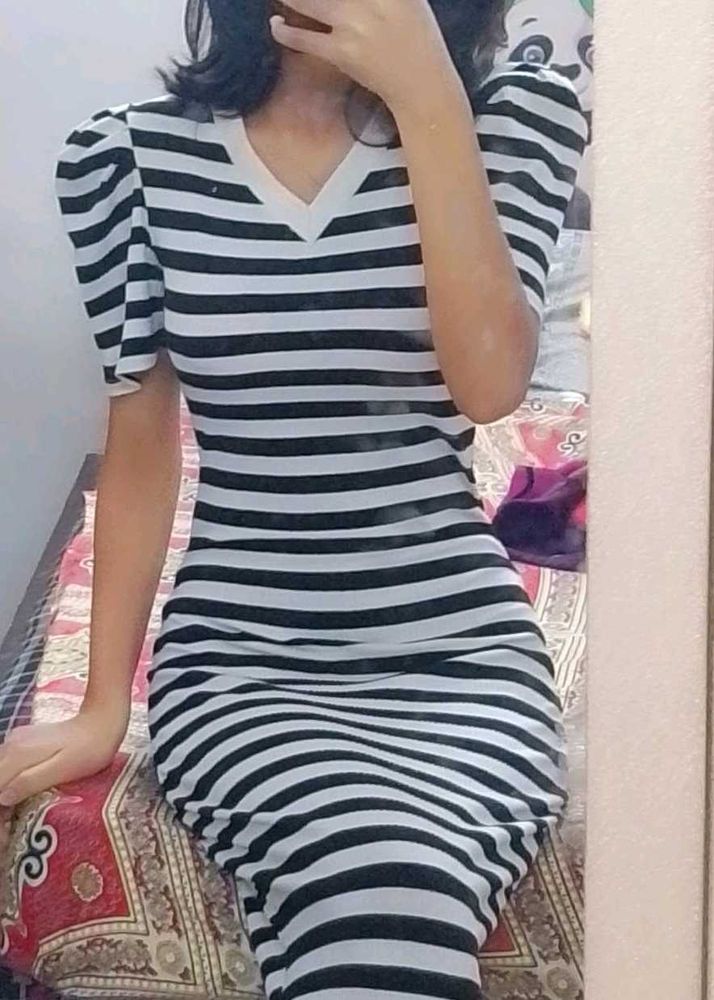 Striped Bodycon Dress with Puffy Sleeves