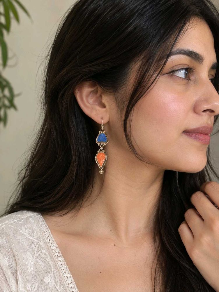 Tibetan SILVER Coral Lapiz Boho Gemstone Drop Earr
