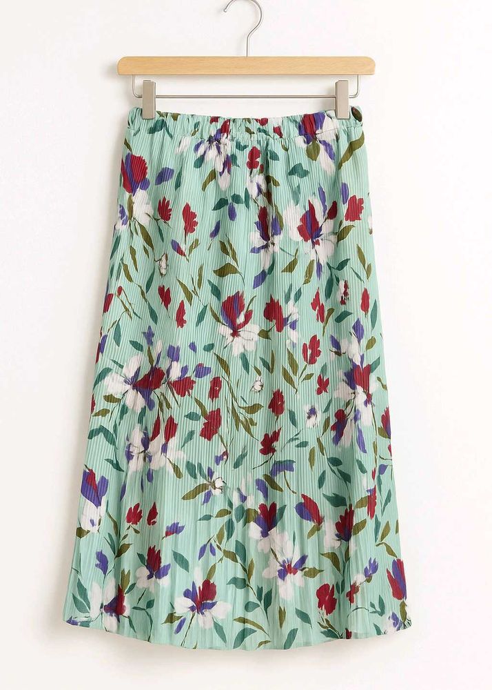 Elegant Mint Green Floral Pleated Skirt