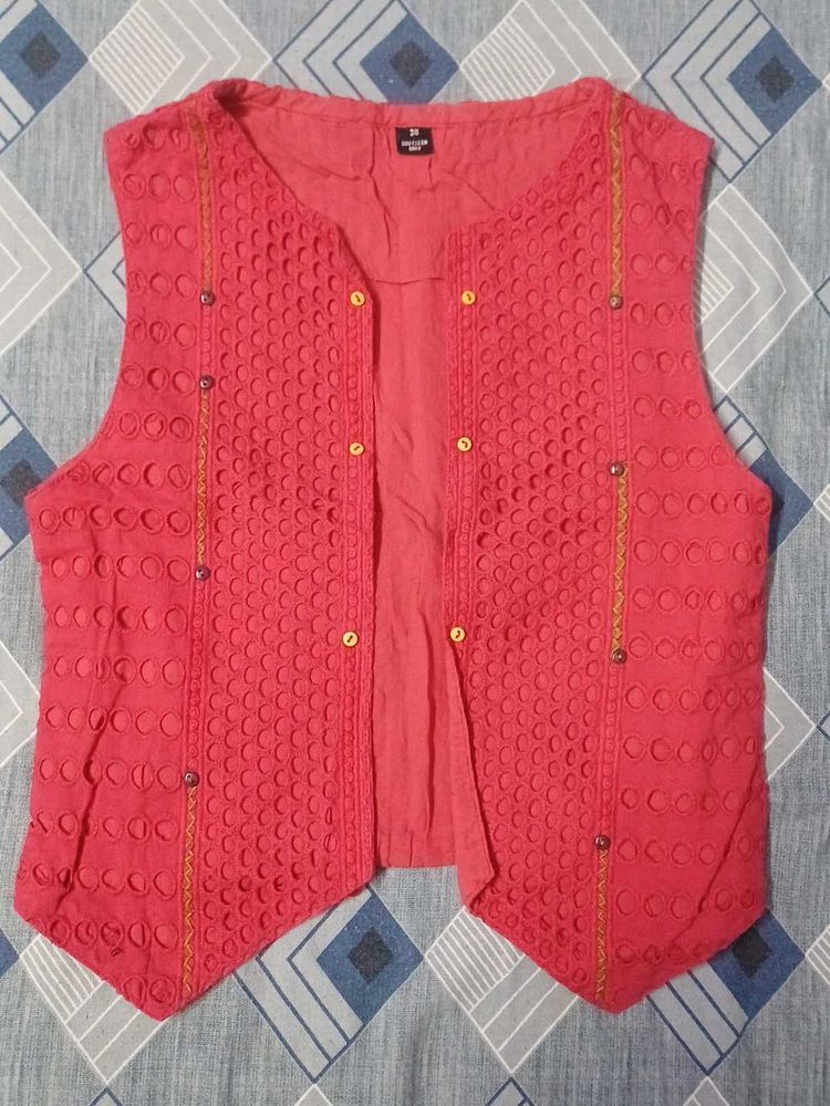 Embroidered Red Sleeveless Vest