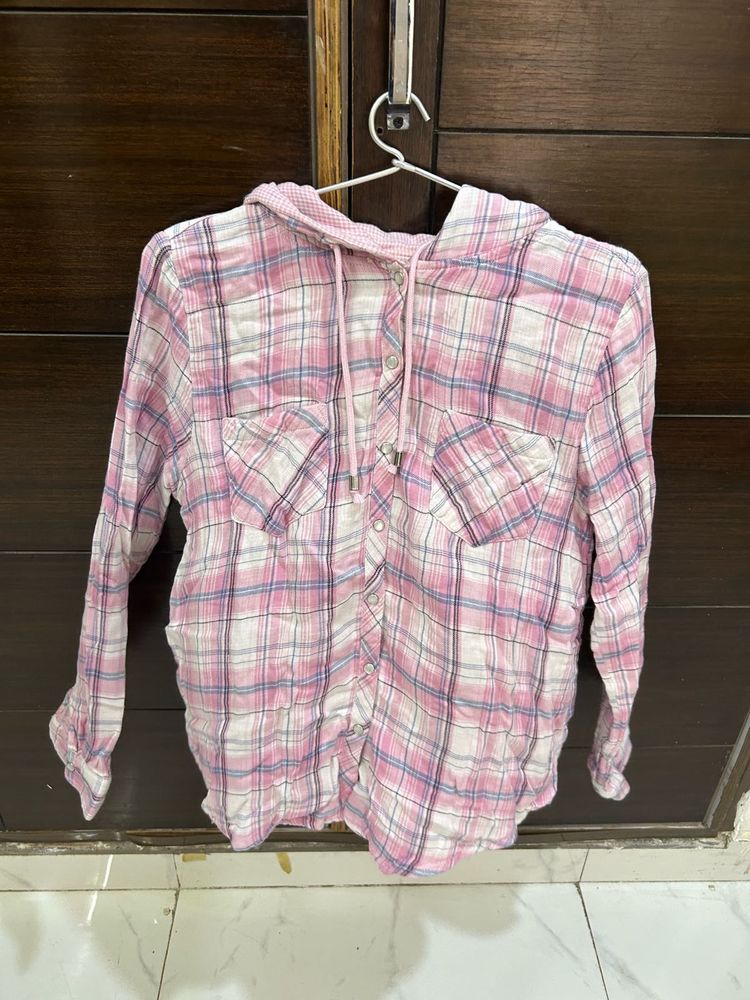 Pink Plaid Hooded Shirt