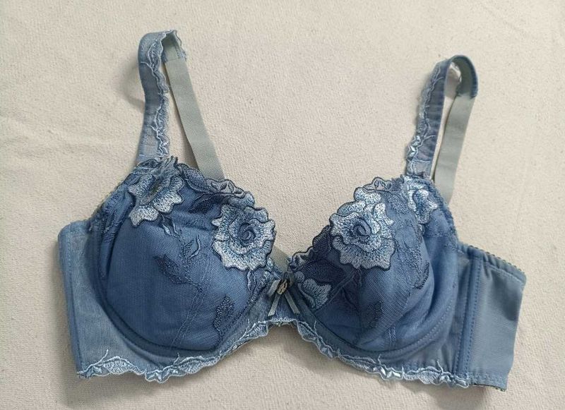 Blue Embroidered Lace Bra