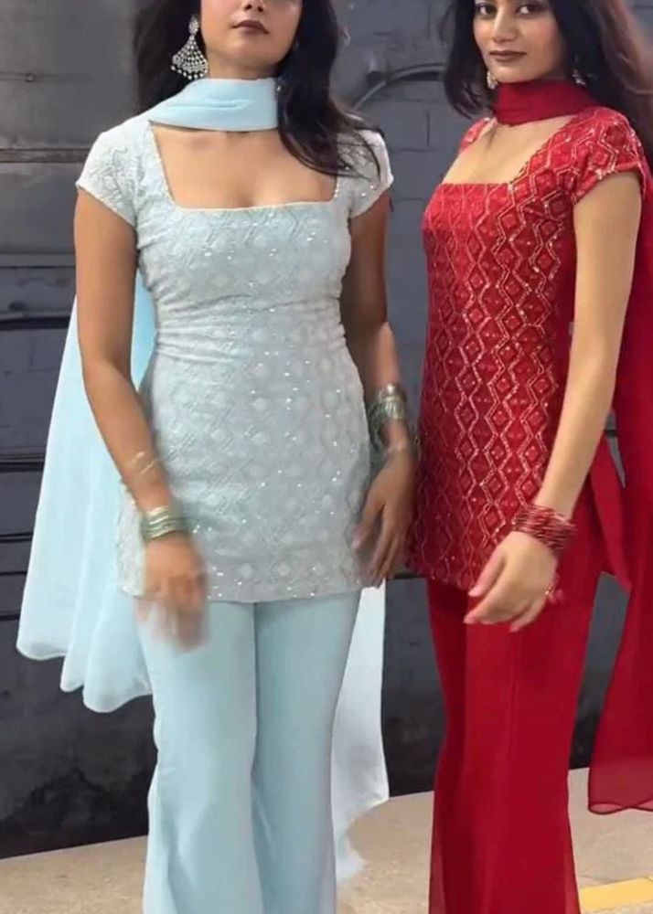 Red Sequined Kurta Set