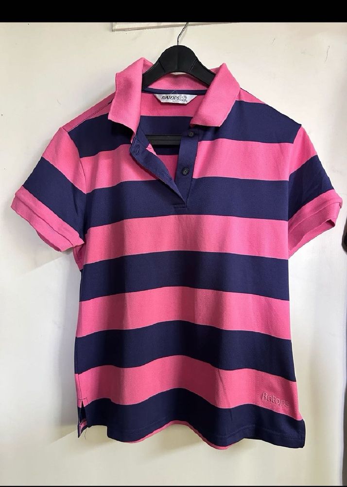Pink &amp; Navy Striped Polo Shirt