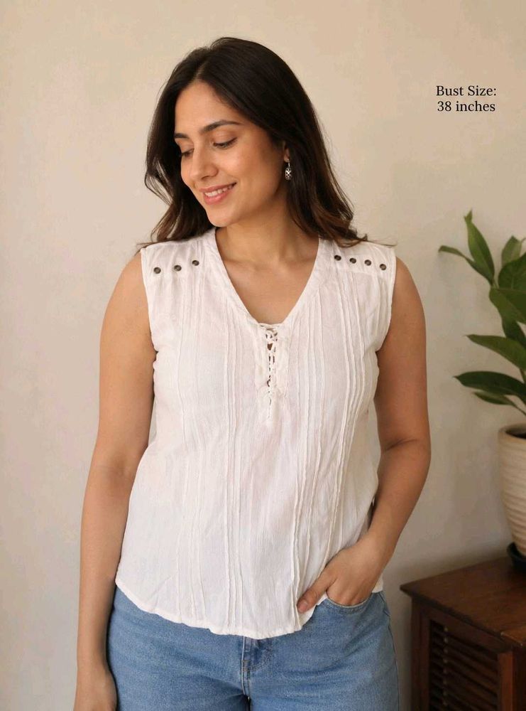 White Lace-Up V-Neck Sleeveless Tunic Top
